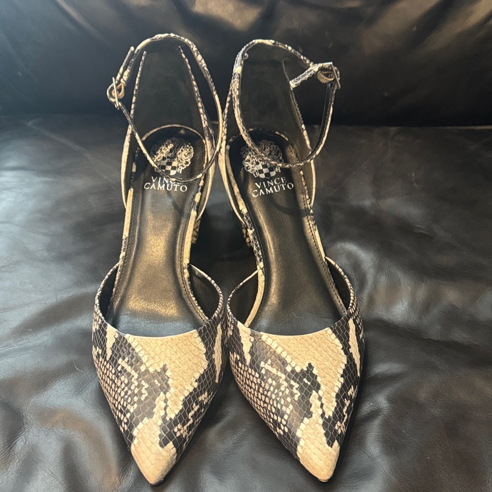 Vince Camuto Beige and Black Snake-Print Pointed Slingback Heels